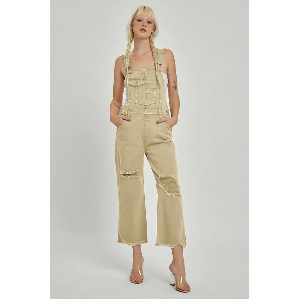 "Lou" Distressed Overalls in Sand Khaki